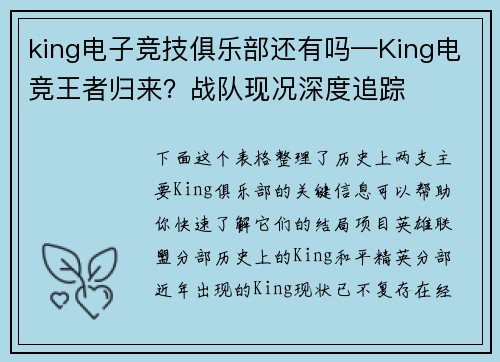 king电子竞技俱乐部还有吗—King电竞王者归来？战队现况深度追踪